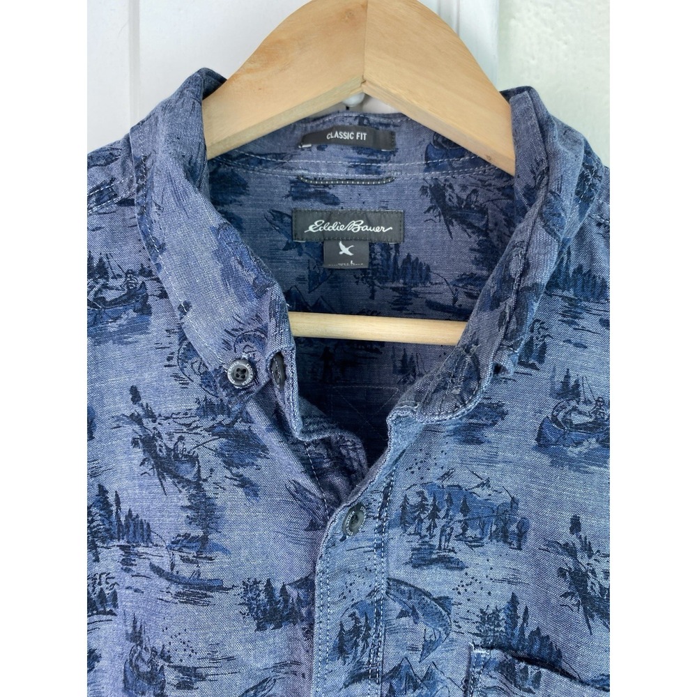 Eddie Bauer Men's L Classic Fit Blue Fishing Short Sleeve Cotton Button Up Shirt - Picture 2 of 10
